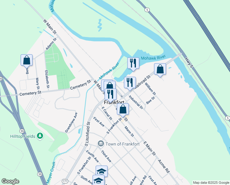 map of restaurants, bars, coffee shops, grocery stores, and more near in Frankfort