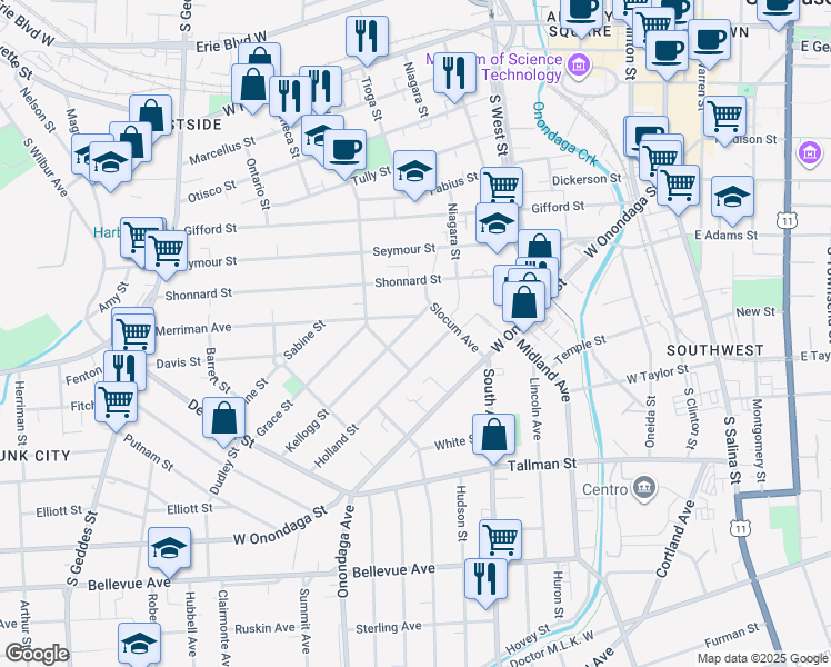 map of restaurants, bars, coffee shops, grocery stores, and more near 213 Congress Avenue in Syracuse