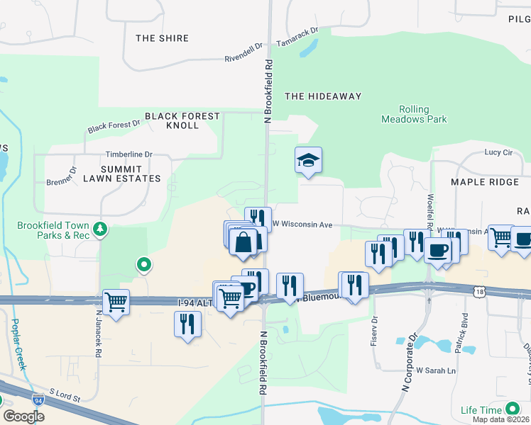 map of restaurants, bars, coffee shops, grocery stores, and more near 735 North Brookfield Road in Brookfield