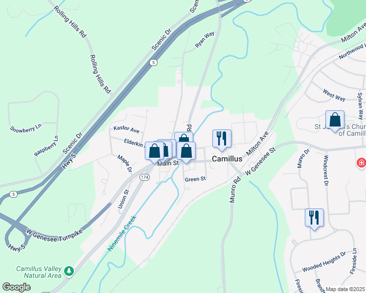 map of restaurants, bars, coffee shops, grocery stores, and more near 24 Main Street in Camillus