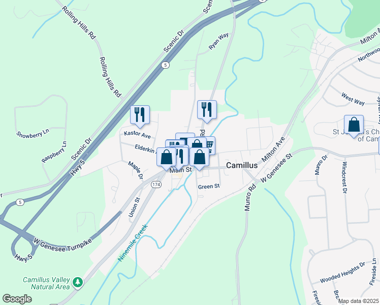 map of restaurants, bars, coffee shops, grocery stores, and more near 24 Main Street in Camillus