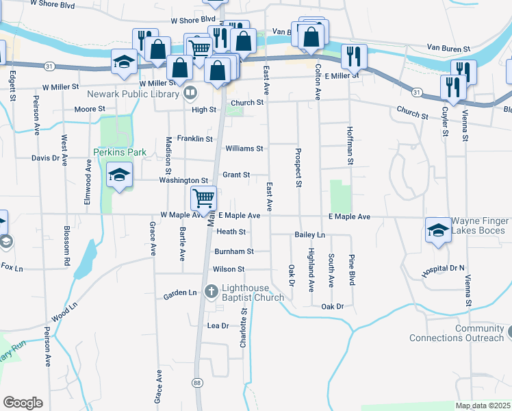 map of restaurants, bars, coffee shops, grocery stores, and more near 211 East Maple Avenue in Newark