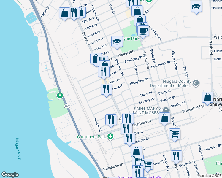 map of restaurants, bars, coffee shops, grocery stores, and more near 71 5th Avenue in North Tonawanda