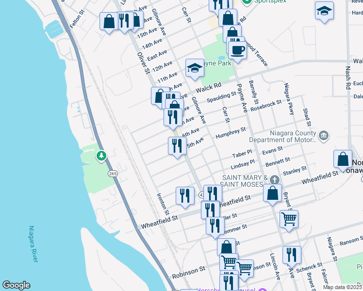 map of restaurants, bars, coffee shops, grocery stores, and more near 71 5th Avenue in North Tonawanda