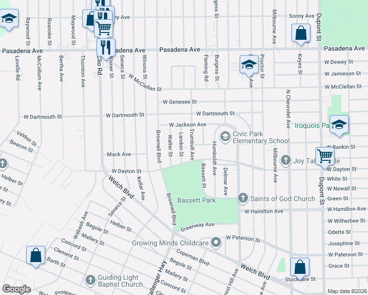 map of restaurants, bars, coffee shops, grocery stores, and more near 2510 Landon Street in Flint