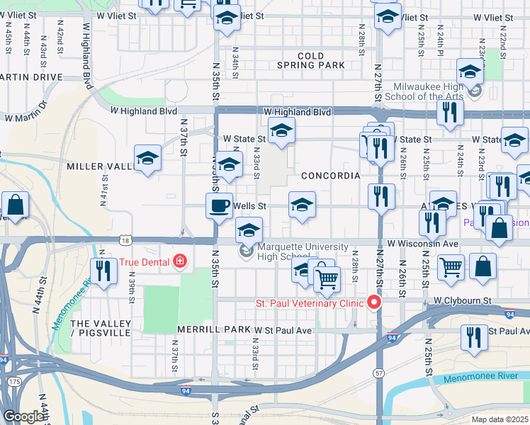 map of restaurants, bars, coffee shops, grocery stores, and more near 734 North 32nd Street in Milwaukee