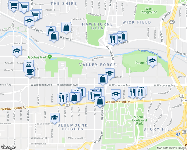 map of restaurants, bars, coffee shops, grocery stores, and more near 5821 West Wells Street in Wauwatosa