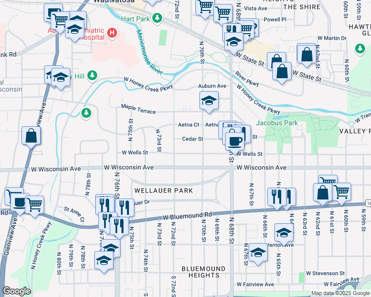 map of restaurants, bars, coffee shops, grocery stores, and more near 7123 West Wells Street in Wauwatosa
