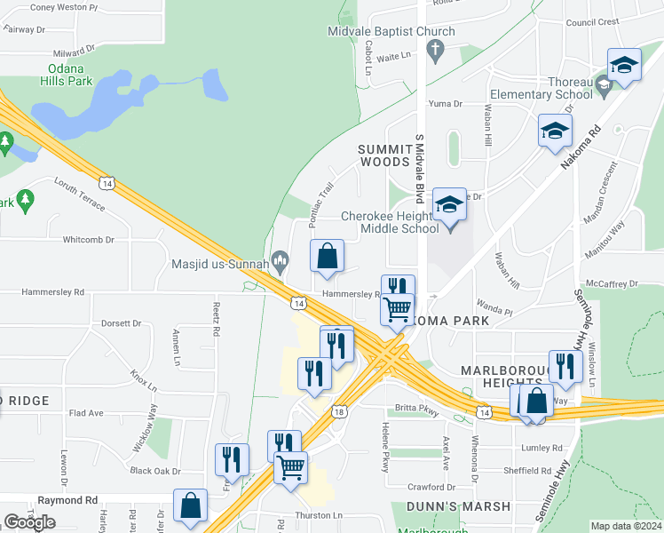 map of restaurants, bars, coffee shops, grocery stores, and more near 4604 Hammersley Road in Madison