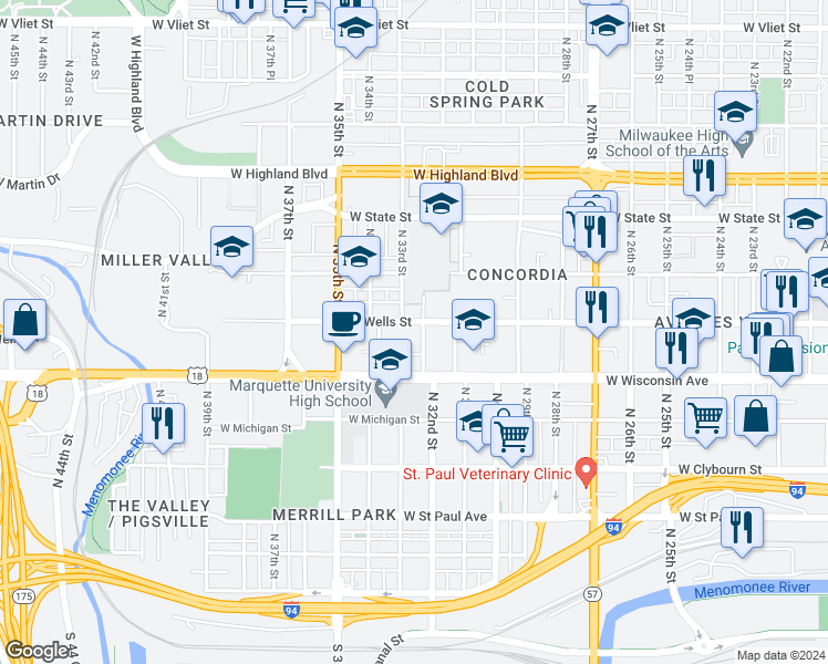 map of restaurants, bars, coffee shops, grocery stores, and more near 3209 West Wells Street in Milwaukee