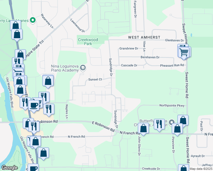 map of restaurants, bars, coffee shops, grocery stores, and more near 3 Sunmist Square in Buffalo