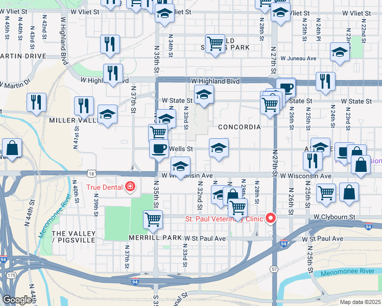 map of restaurants, bars, coffee shops, grocery stores, and more near 726 North 34th Street in Milwaukee
