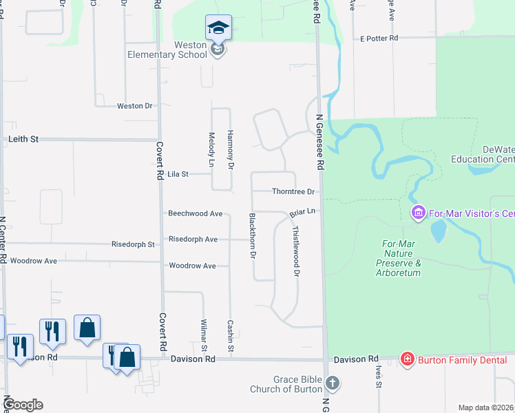 map of restaurants, bars, coffee shops, grocery stores, and more near 2279 Thistlewood Drive in Burton
