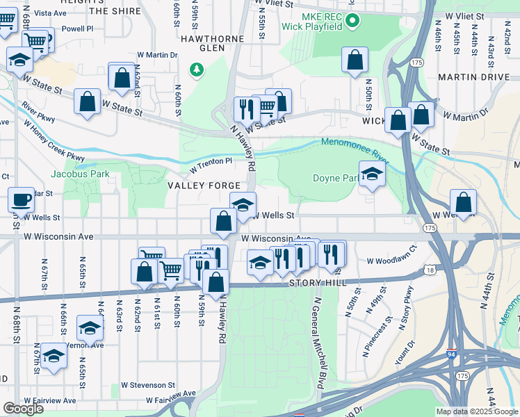 map of restaurants, bars, coffee shops, grocery stores, and more near 5510 West Wells Street in Milwaukee