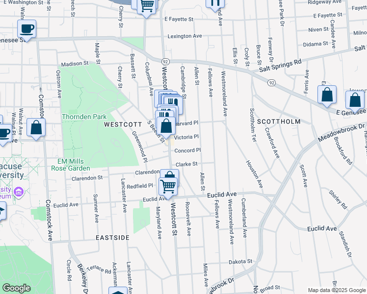 map of restaurants, bars, coffee shops, grocery stores, and more near 113 Concord Place in Syracuse