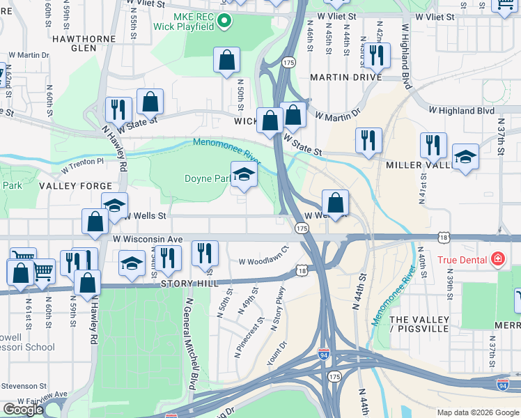 map of restaurants, bars, coffee shops, grocery stores, and more near 4812 West Wells Street in Milwaukee