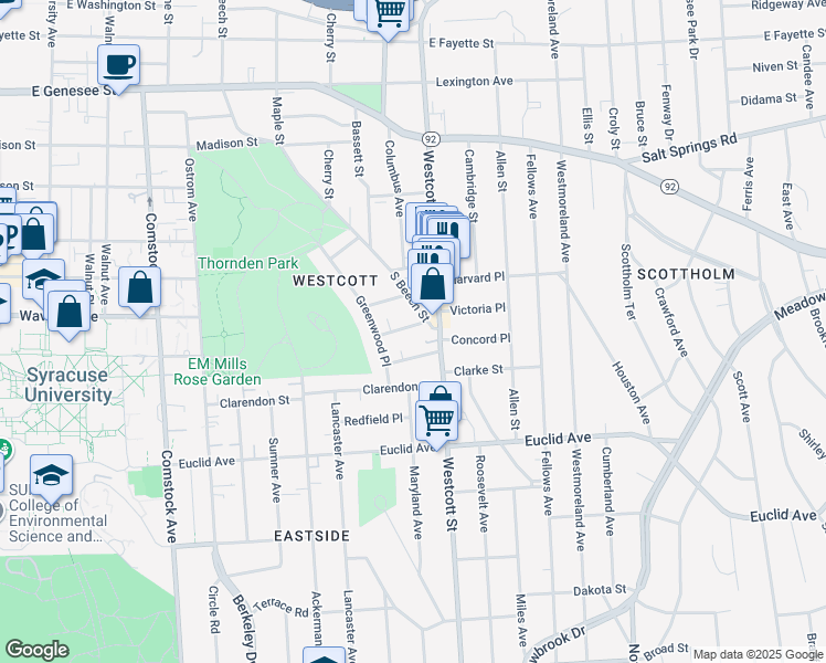 map of restaurants, bars, coffee shops, grocery stores, and more near 109 Avondale Place in Syracuse