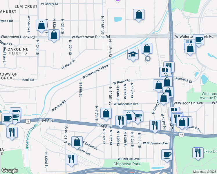 map of restaurants, bars, coffee shops, grocery stores, and more near 802 North 115th Street in Wauwatosa