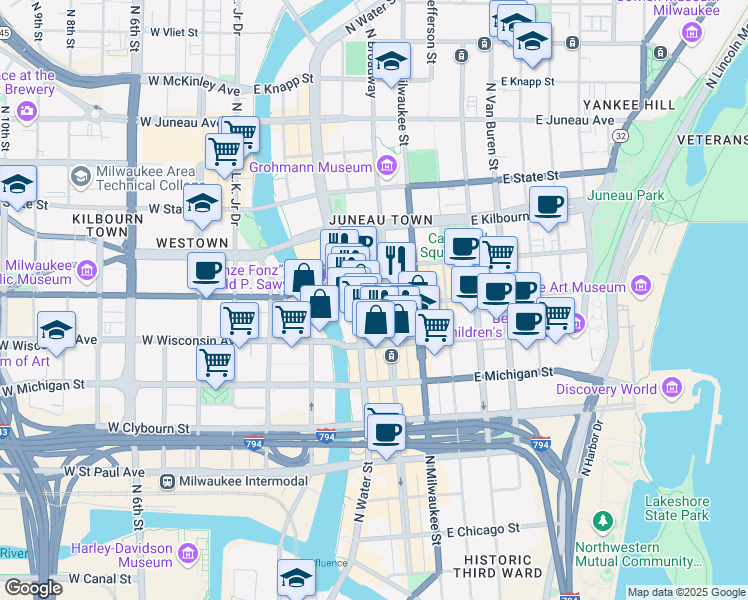map of restaurants, bars, coffee shops, grocery stores, and more near 222 East Mason Street in Milwaukee