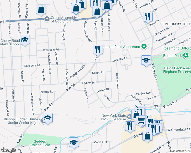 map of restaurants, bars, coffee shops, grocery stores, and more near 307 East Corey Road in Syracuse