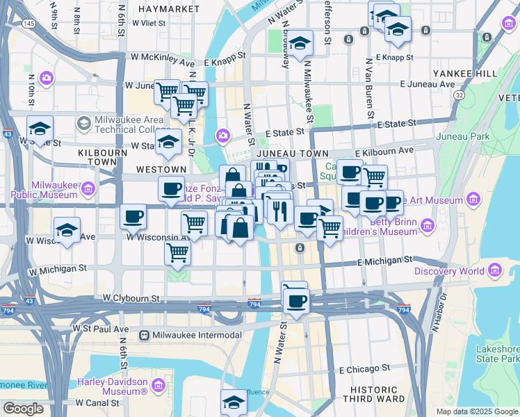 map of restaurants, bars, coffee shops, grocery stores, and more near 104 East Mason Street in Milwaukee