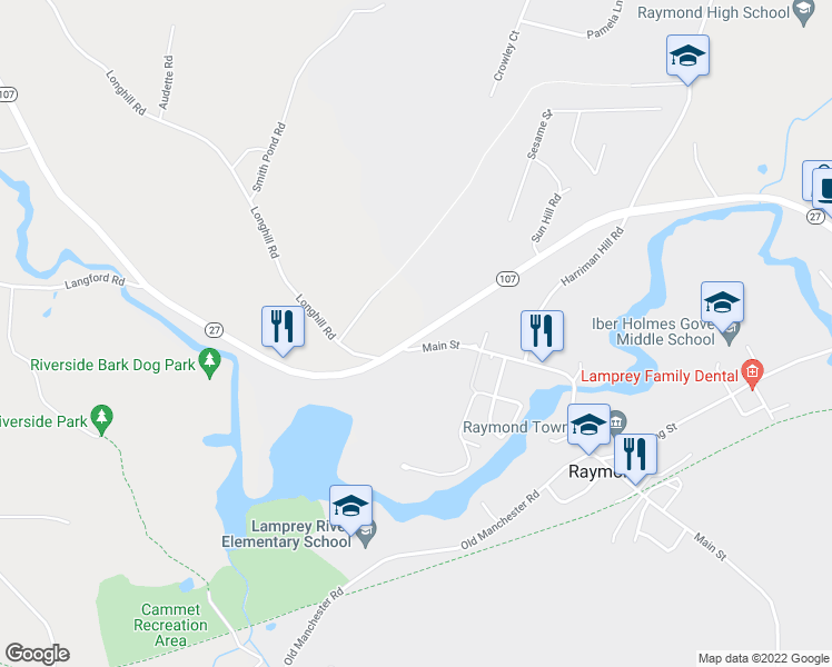 map of restaurants, bars, coffee shops, grocery stores, and more near 145 New Hampshire 27 in Raymond