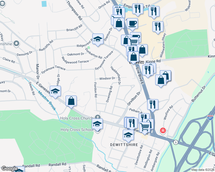 map of restaurants, bars, coffee shops, grocery stores, and more near 405 Brampton Drive in Syracuse