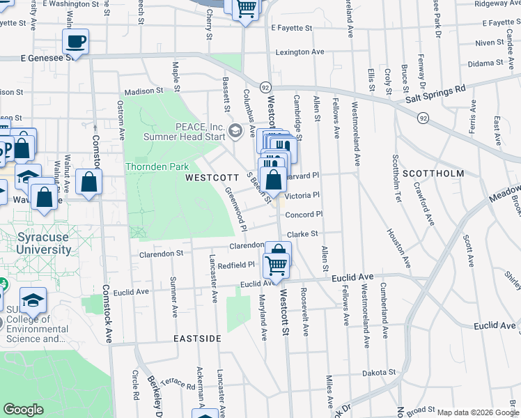 map of restaurants, bars, coffee shops, grocery stores, and more near 109 Avondale Place in Syracuse