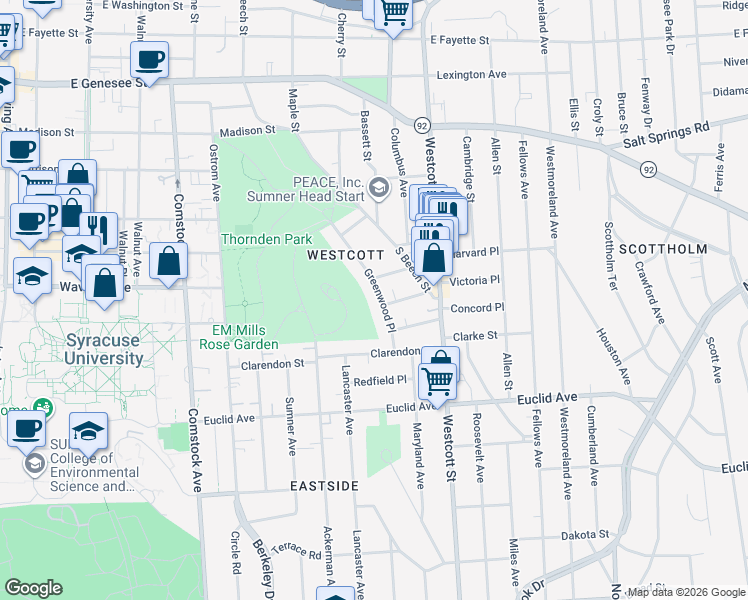 map of restaurants, bars, coffee shops, grocery stores, and more near 412 Greenwood Place in Syracuse