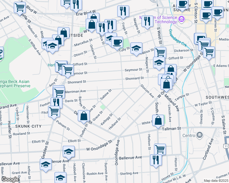 map of restaurants, bars, coffee shops, grocery stores, and more near 140-42 Grace Street in Syracuse