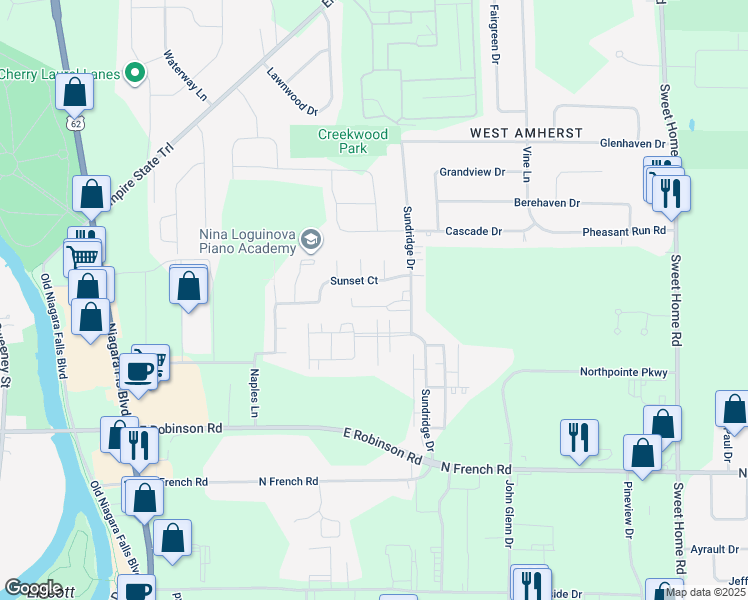 map of restaurants, bars, coffee shops, grocery stores, and more near 212 Travers Circle in Buffalo