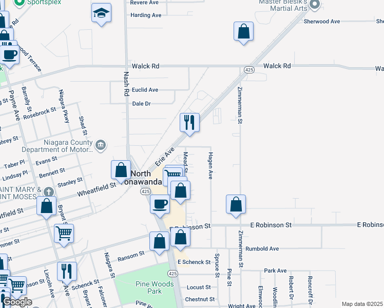 map of restaurants, bars, coffee shops, grocery stores, and more near 193 Mead Street in North Tonawanda