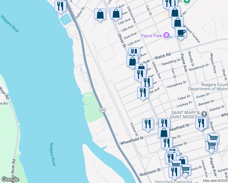 map of restaurants, bars, coffee shops, grocery stores, and more near 188 Ironton Street in North Tonawanda
