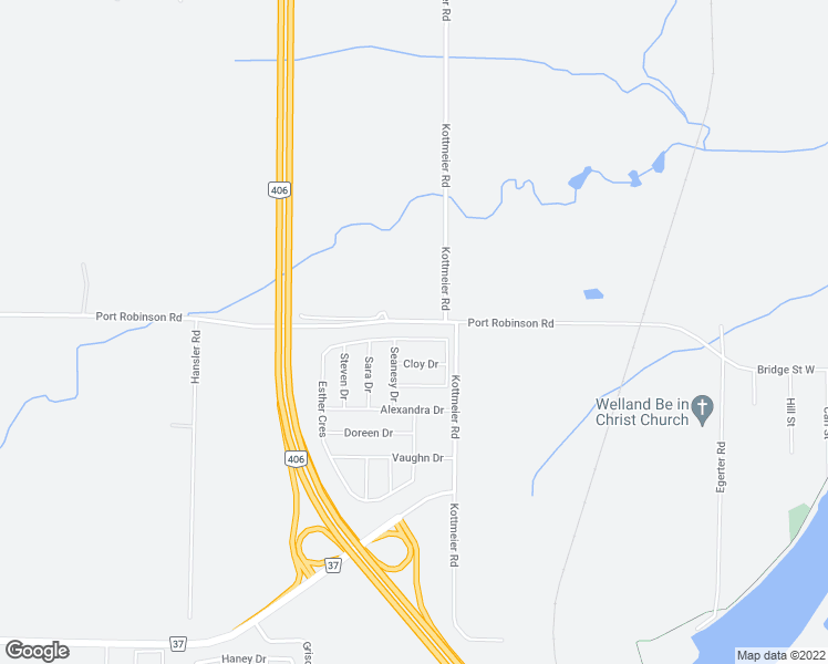map of restaurants, bars, coffee shops, grocery stores, and more near 20 Esther Crescent in Thorold