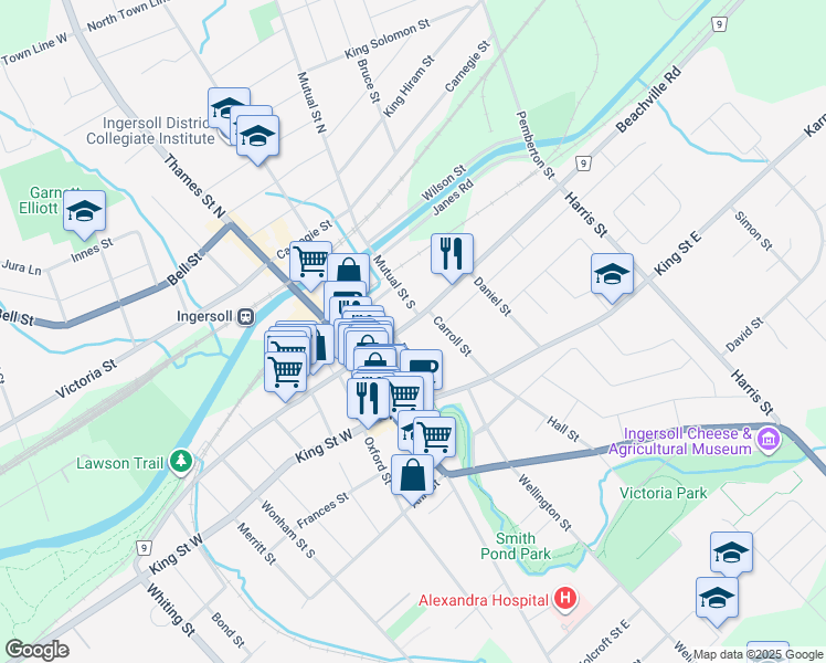 map of restaurants, bars, coffee shops, grocery stores, and more near 117 Mill Street in Ingersoll