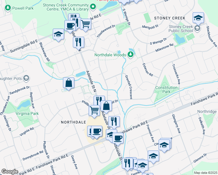 map of restaurants, bars, coffee shops, grocery stores, and more near 1704 Blackwater Court in London
