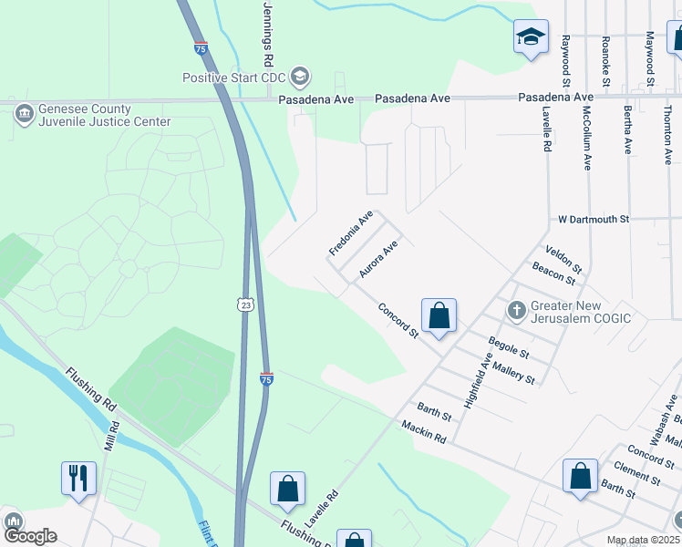 map of restaurants, bars, coffee shops, grocery stores, and more near 1612 Aurora Avenue in Flint