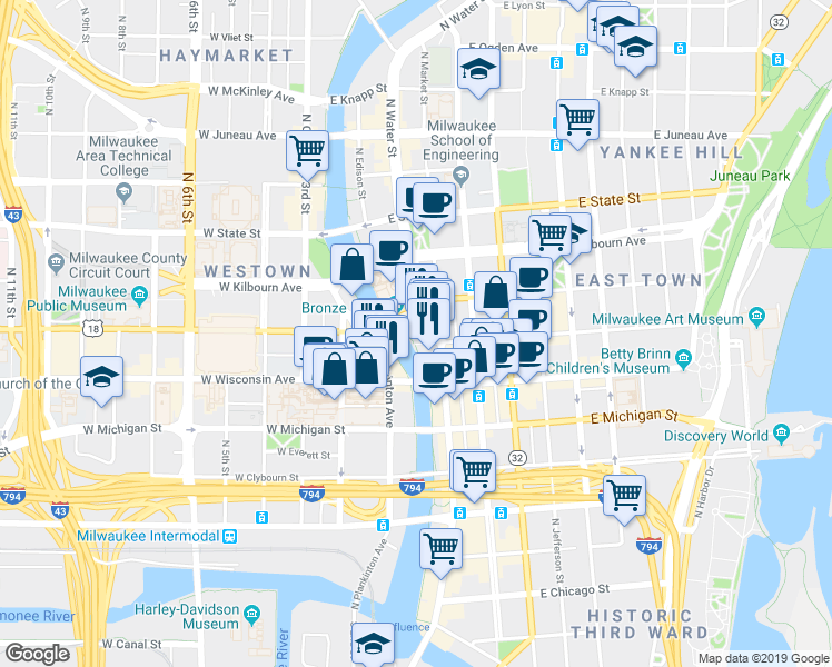 map of restaurants, bars, coffee shops, grocery stores, and more near North Riverwalk Way in Milwaukee