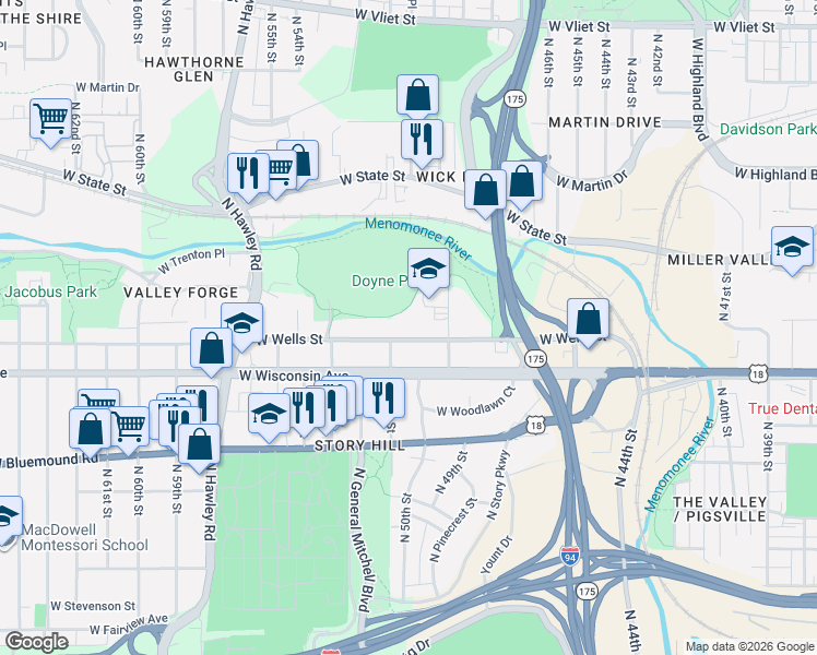 map of restaurants, bars, coffee shops, grocery stores, and more near 4939 West Wells Street in Milwaukee
