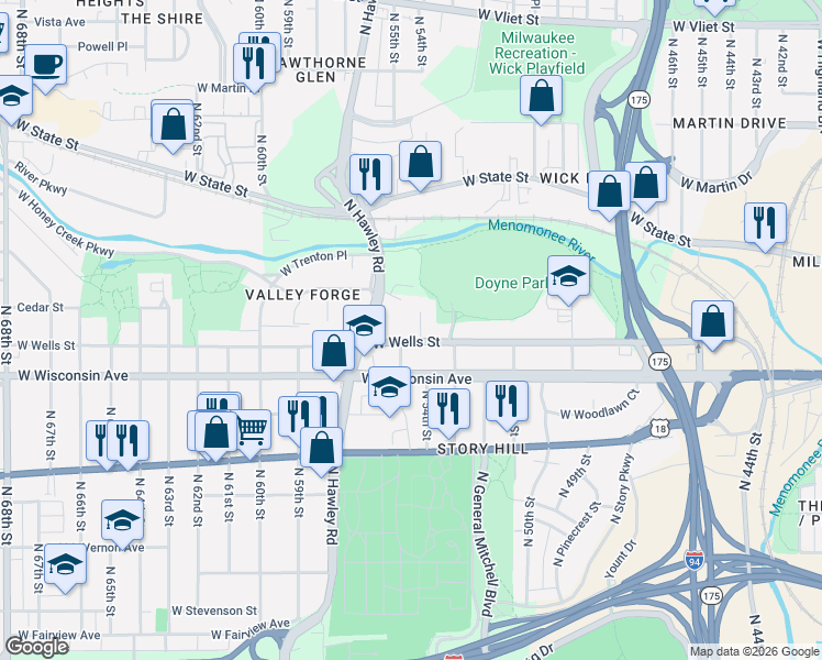 map of restaurants, bars, coffee shops, grocery stores, and more near 5335 West Wells Street in Milwaukee