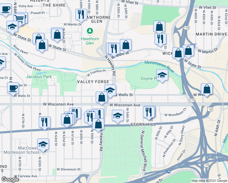 map of restaurants, bars, coffee shops, grocery stores, and more near 5510 West Wells Street in Milwaukee