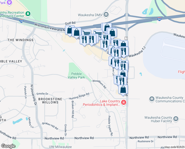 map of restaurants, bars, coffee shops, grocery stores, and more near 2110 Woodburn Road in Waukesha