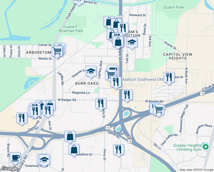 map of restaurants, bars, coffee shops, grocery stores, and more near 825 Hughes Place in Madison