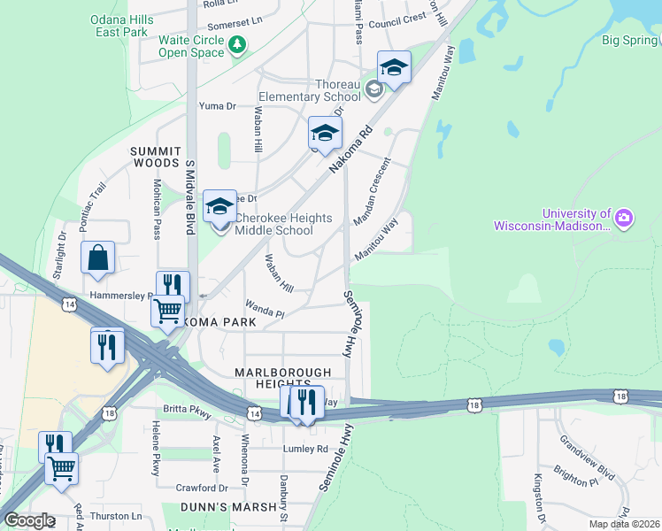 map of restaurants, bars, coffee shops, grocery stores, and more near 4213 Manitou Way in Madison