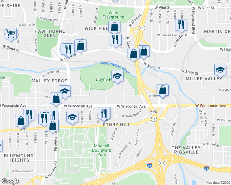 map of restaurants, bars, coffee shops, grocery stores, and more near 4934 West Wells Street in Milwaukee