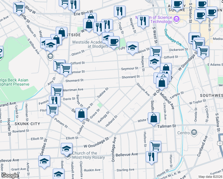 map of restaurants, bars, coffee shops, grocery stores, and more near 140-42 Grace Street in Syracuse