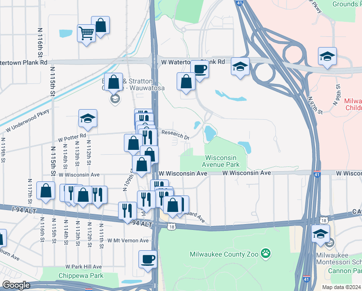 map of restaurants, bars, coffee shops, grocery stores, and more near 10701 West Research Drive in Wauwatosa