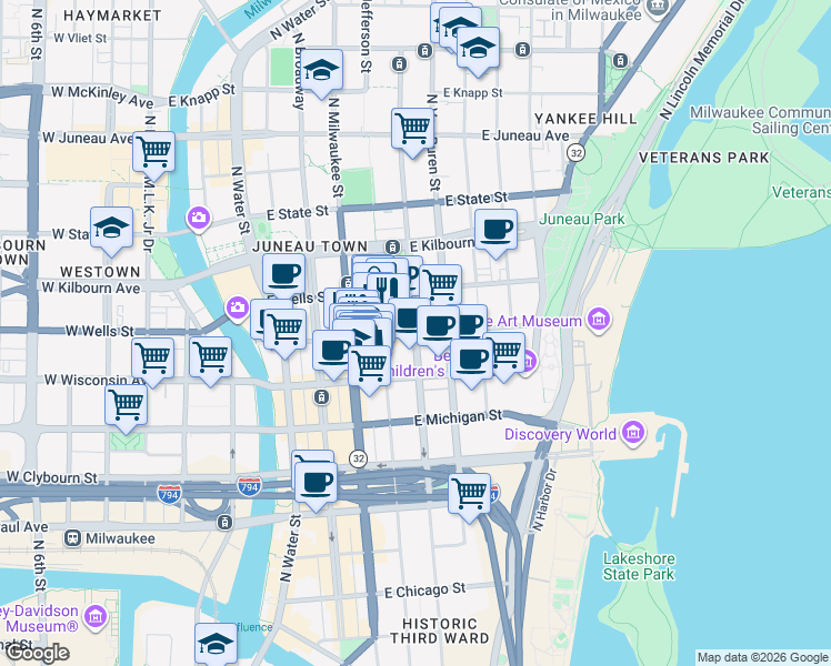 map of restaurants, bars, coffee shops, grocery stores, and more near North Jackson Street in Milwaukee