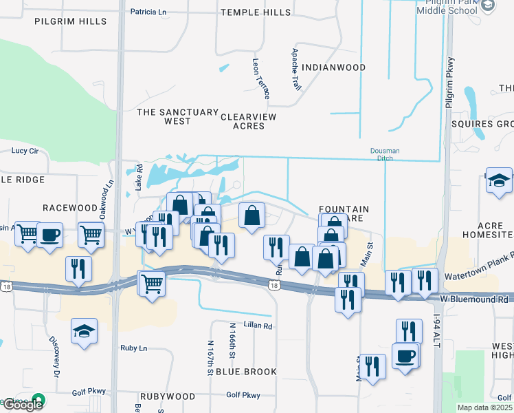 map of restaurants, bars, coffee shops, grocery stores, and more near 16385 Ruf Road in Brookfield