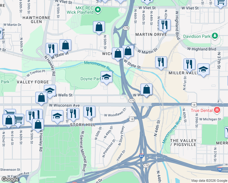 map of restaurants, bars, coffee shops, grocery stores, and more near 4833 West Wells Street in Milwaukee